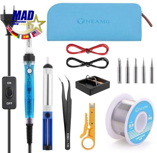 #VerdientProvisionen<br>Lötkolben Set  Lötkolben Kit Lötset 60W Digitale Lötstation Temperatur Regelbar und EIN/AUS-Schalter Soldering Iron Kit 220V mit 5 Lötspitzen Entlötpumpe Lötkolbenständer Lötzinn,Pinzette